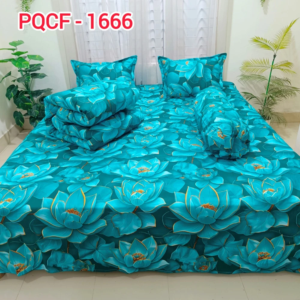 Premium Teal Lotus Floral Luxury King Size 5PCS Comforter Set