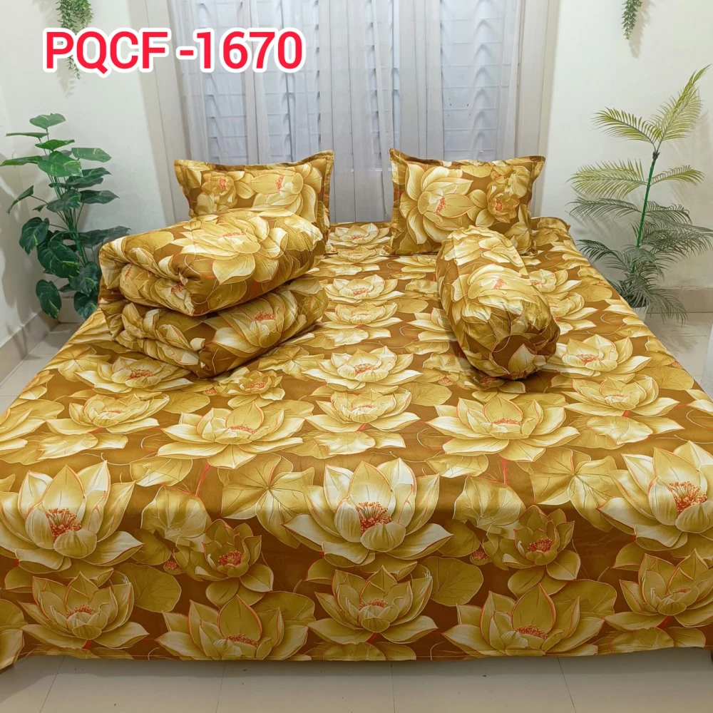 Premium Golden Lotus Floral Luxury King Size 5PCS Comforter Set