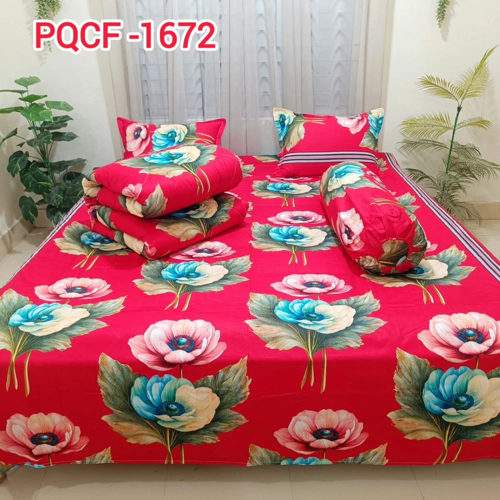 Premium Bright Red Floral Luxury King Size 5PCS Comforter Set