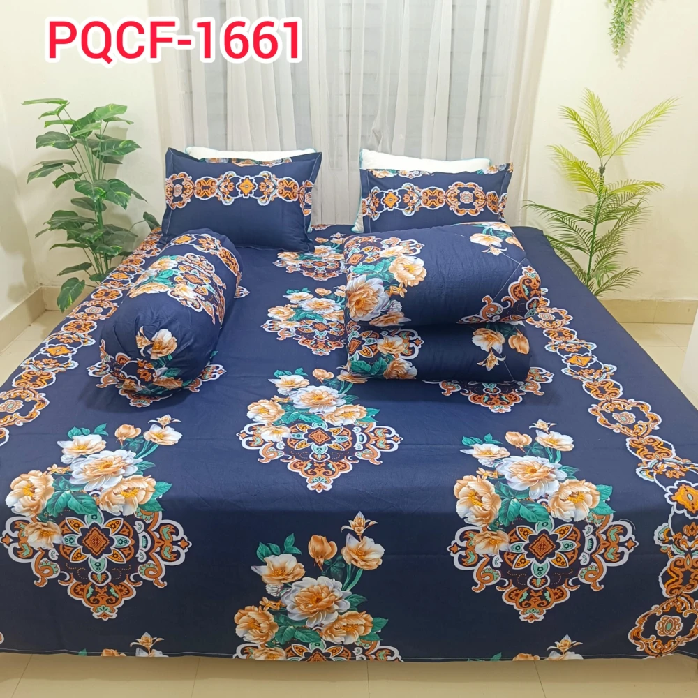 Premium Navy Blue Floral Luxury King Size 5PCS Comforter Set